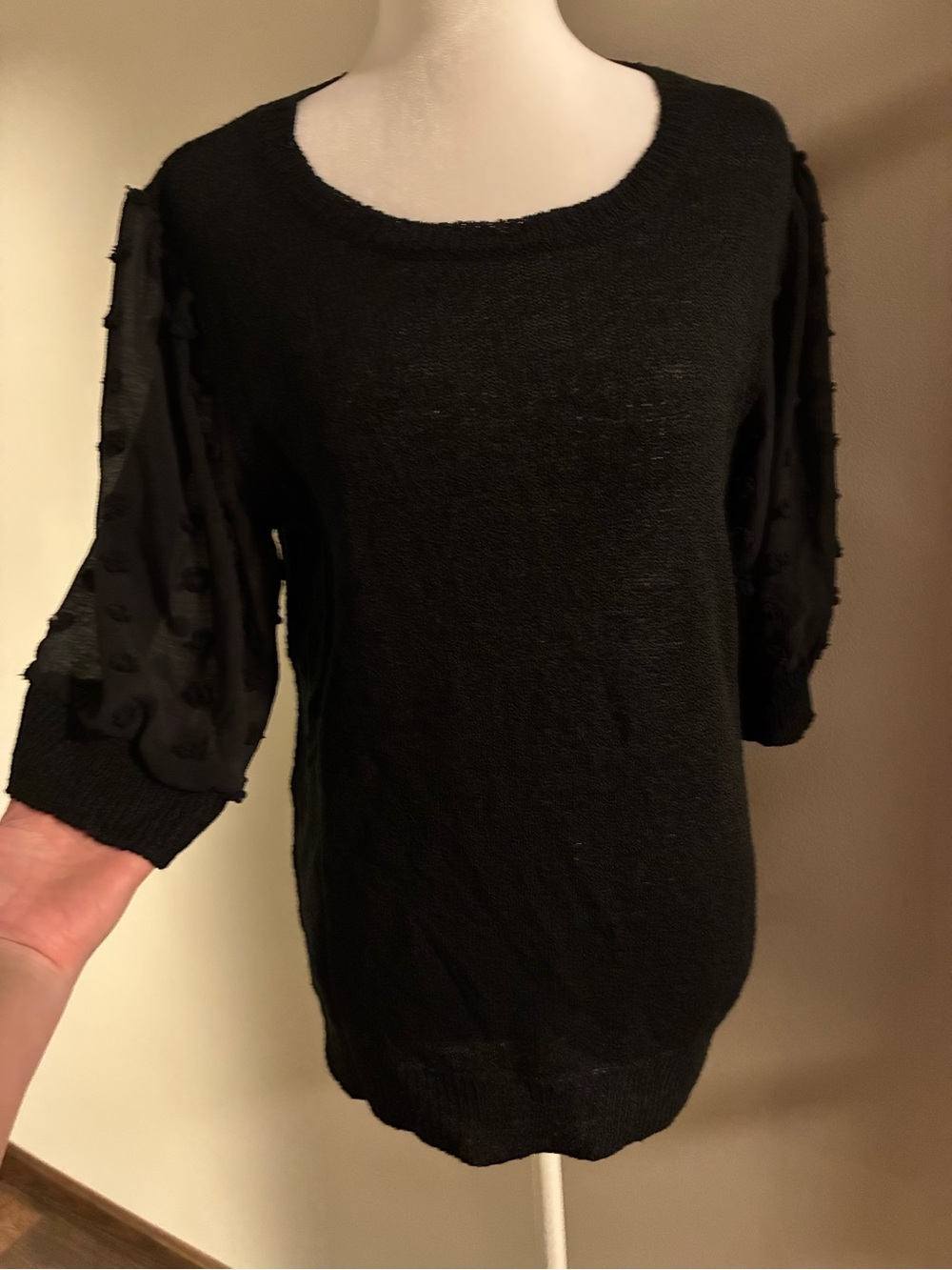 mine Black Scoop-Neck Puff Sleeve Knit Sweater